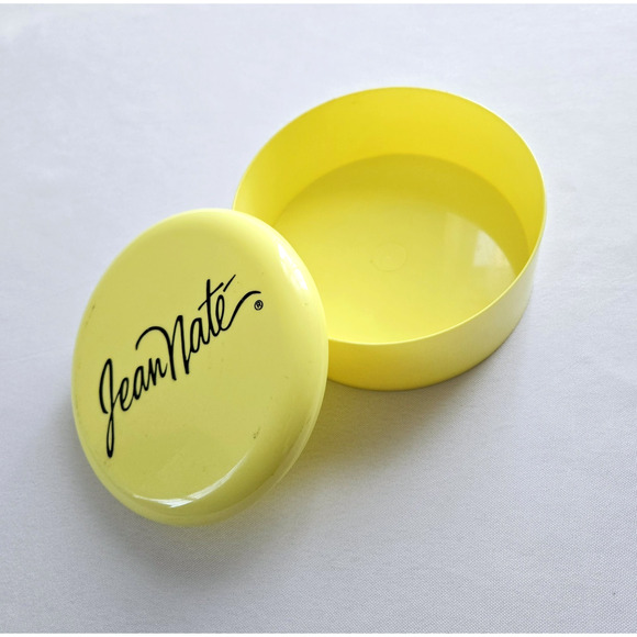 Vintage Jean Nate Bath Powder Box Yellow Plastic Canister Retro Vanity Empty 6oz - Picture 4 of 12
